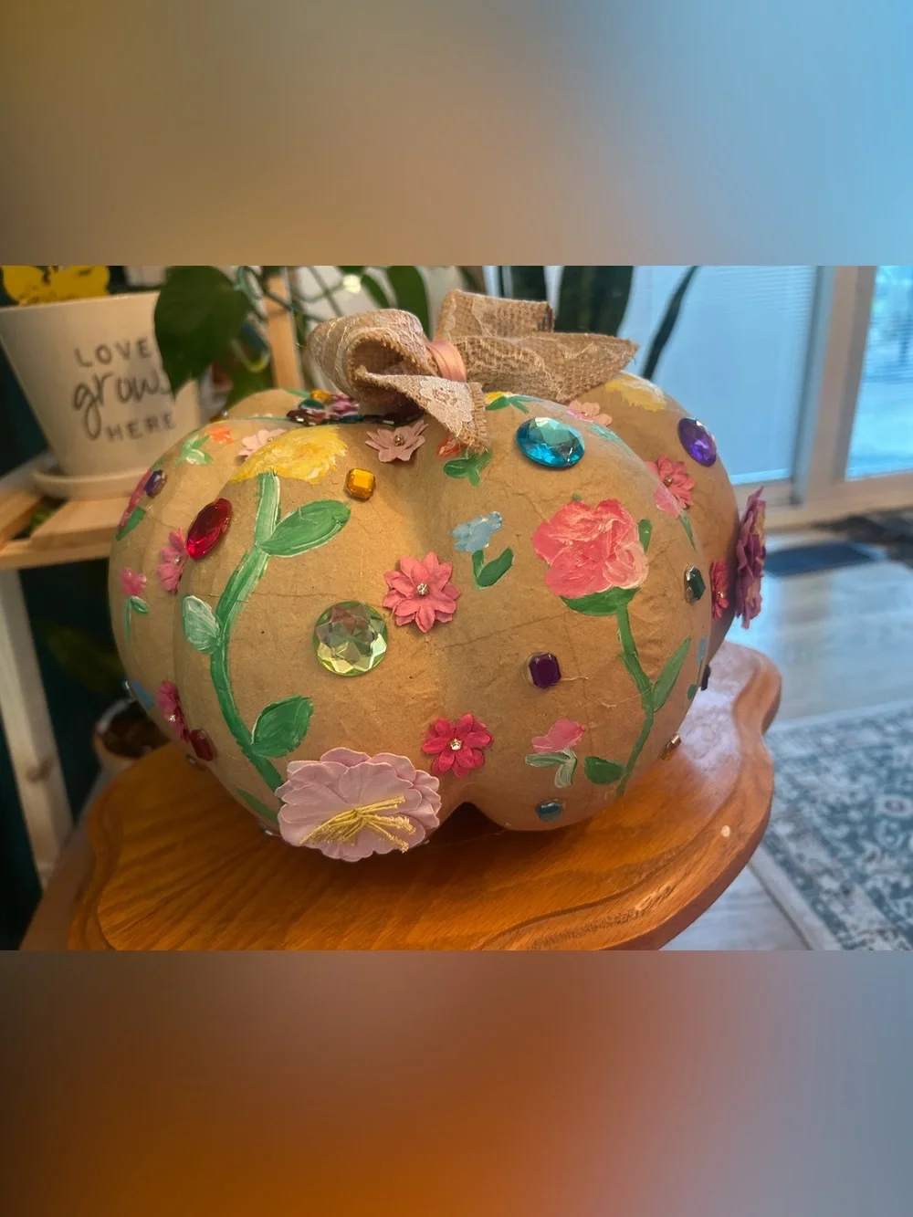 Boujee Hand-painted Floral Paper Maché Bedazzled Pumpkin with Paper Flowers